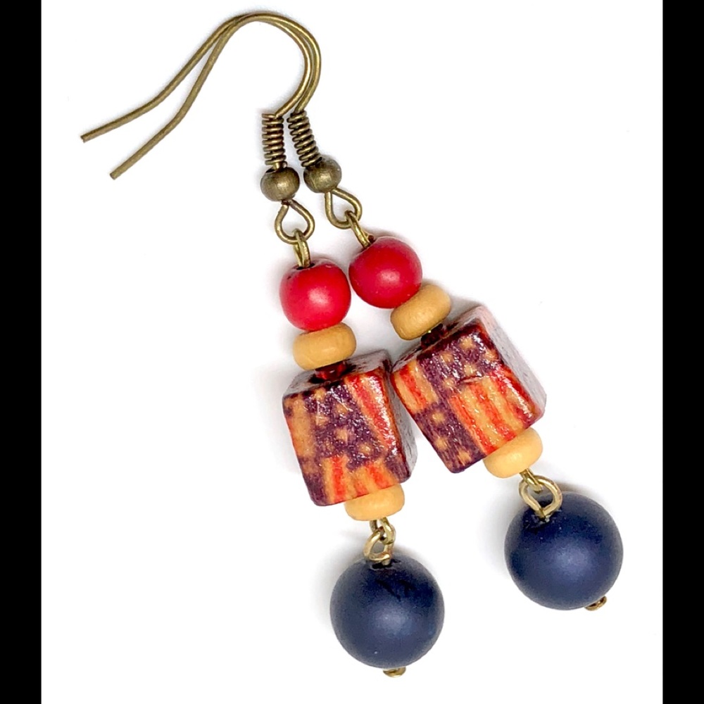 Rustic Americana US Flag Decoupage Wood Bead Patriotic Dangle Earrings USA